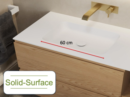 Plan vasque lavabo intégré de 60 cm, aux angles arrondis, sur mesure, L. 70 à 200 cm x P. 40 à 60 cm, résine minérale ACRYSTONE® Finition lisse mate, Livraison Offerte et Rapide.